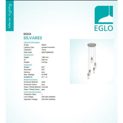 EGLO 95524 SILVARES 5 IZZÓS E27 CSILLÁR  (63962)